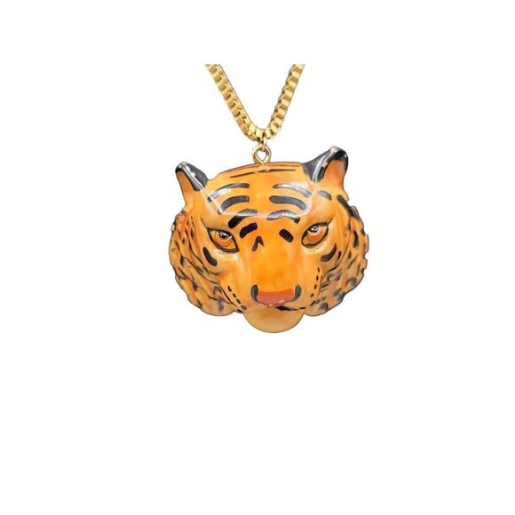 Tiger Head Pendant Necklace 22" Gold Plated Box Chain Handmade Large Statement - Picture 4 of 16